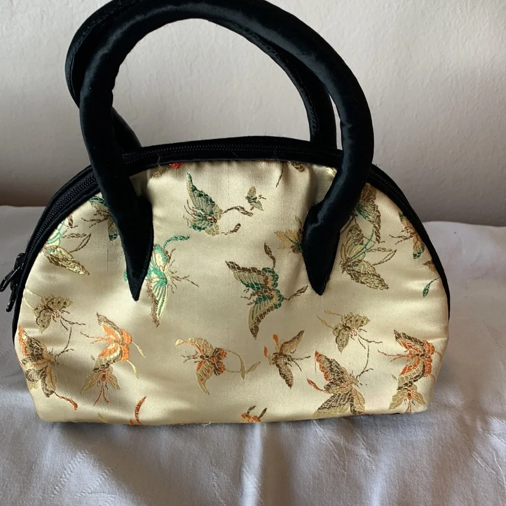 Elegant Gold Satin Embroidered Top-Handle Bag